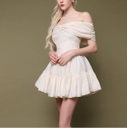 Elegant Homecoming Dress Off the Shoulder Flouncing Pleated Back to School Outfits Party Dress D6795