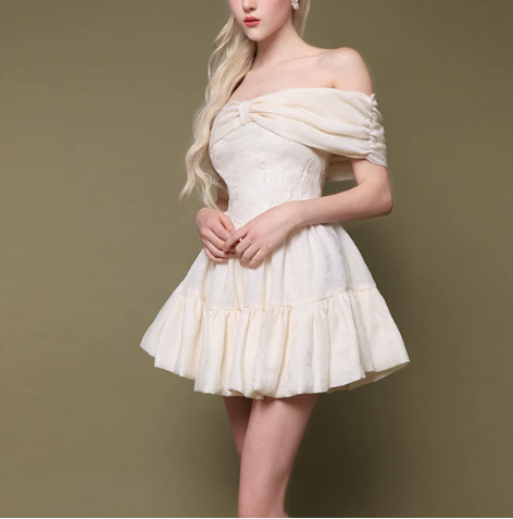 Elegant Homecoming Dress Off the Shoulder Flouncing Pleated Back to School Outfits Party Dress D6795