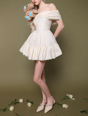 Elegant Homecoming Dress Off the Shoulder Flouncing Pleated Back to School Outfits Party Dress D6795