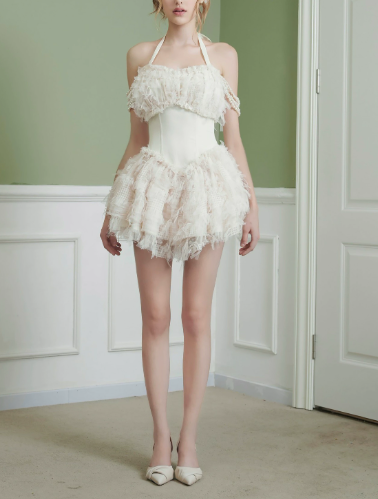 Elegant Homecoming Dress Halter Lace Pearl Back to School Outfits Party Dress D6796