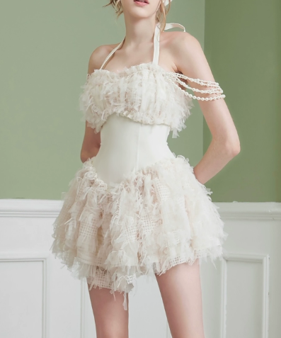 Elegant Homecoming Dress Halter Lace Pearl Back to School Outfits Party Dress D6796