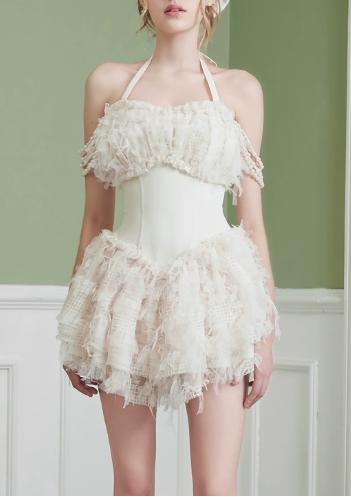 Elegant Homecoming Dress Halter Lace Pearl Back to School Outfits Party Dress D6796