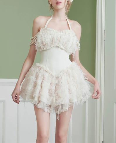 Elegant Homecoming Dress Halter Lace Pearl Back to School Outfits Party Dress D6796