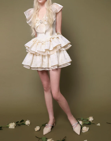Elegant Homecoming Dress V Neck Rinestone Cascade Back to School Outfits Party Dress D6797