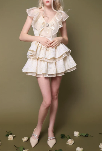 Elegant Homecoming Dress V Neck Rinestone Cascade Back to School Outfits Party Dress D6797
