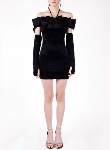 Elegant Homecoming Dress Off the Shoulder Black Bowknot Back to School Outfits Party Dress D6802