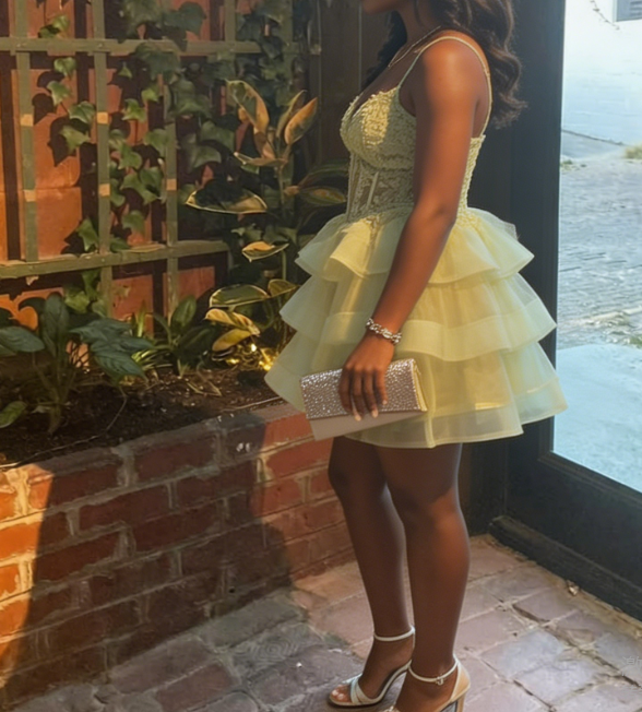 Stunning Homecoming Dress V Neck Applique Tulle Cascade Back to School Outfits Party Dress D6810