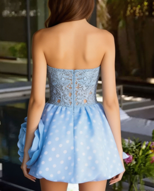 Stunning Homecoming Dress Strapless Flower Applique Back to School Outfits Party Dress D6814