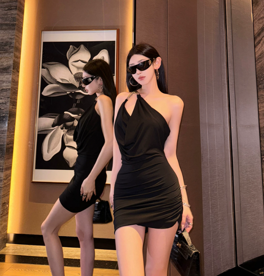Stunning Homecoming Dress Halter Black Pleated Back to School Outfits Party Dress D6833