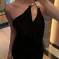 Stunning Homecoming Dress Halter Black Pleated Back to School Outfits Party Dress D6833