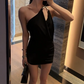 Stunning Homecoming Dress Halter Black Pleated Back to School Outfits Party Dress D6833