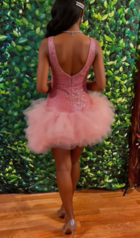 Stunning Homecoming Dress V Neck Applique Sequins Tulle Back to School Outfits Party Dress D6838