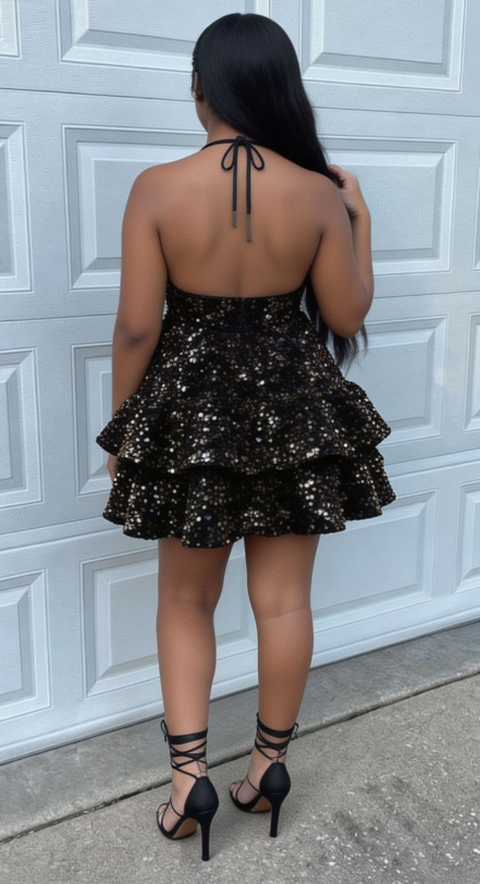 Stunning Homecoming Dress V Neck Black Sequins Cascade Back to School Outfits Party Dress D6837