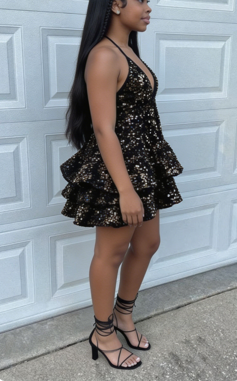 Stunning Homecoming Dress V Neck Black Sequins Cascade Back to School Outfits Party Dress D6837