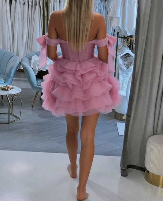 Stunning Homecoming Dress Off the Shoulder Tulle Cascade Back to School Outfits Party Dress D6843