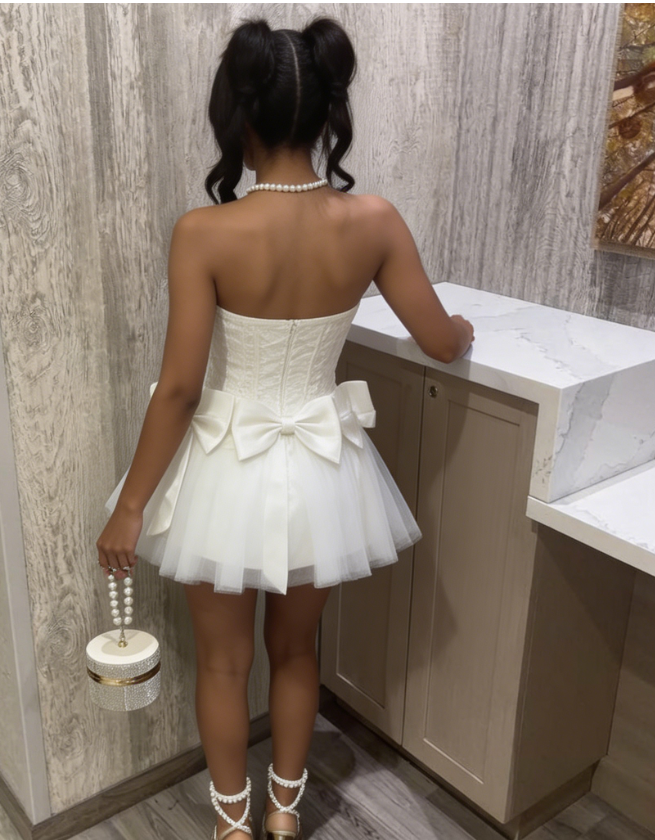 Stunning Homecoming Dress Strapless Tulle Bowknot Back to School Outfits Party Dress D6844