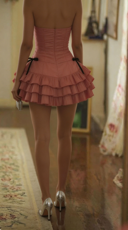 Stunning Homecoming Dress Strapless Bowknot Pleated Cascade Back to School Outfits Party Dress D6855