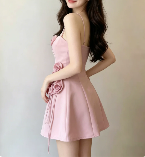 New Homecoming Dress Spaghetti Strap Flower Back to School Outfits Party Dress D6859