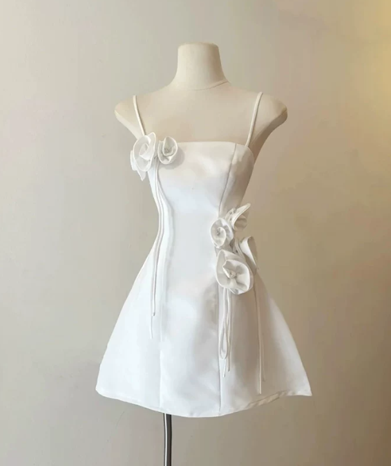 New Homecoming Dress Spaghetti Strap Flower Back to School Outfits Party Dress D6859
