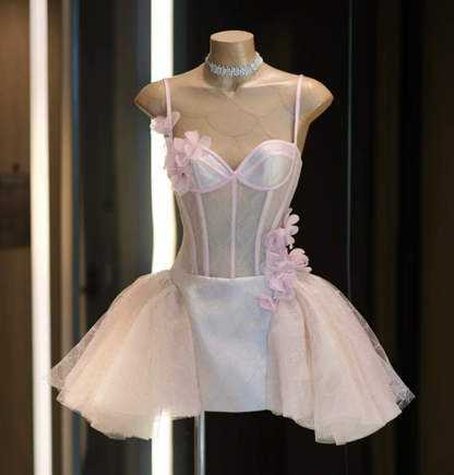 New Homecoming Dress Spaghetti Strap Flower Tulle Back to School Outfits Party Dress D6866