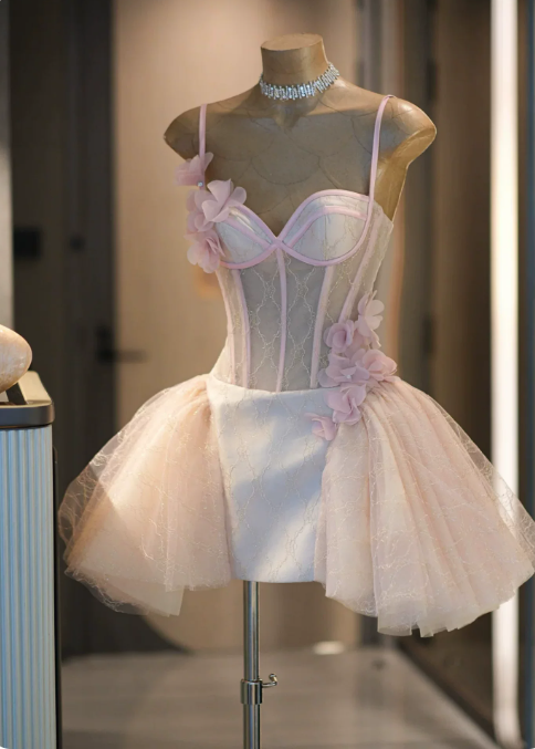 New Homecoming Dress Spaghetti Strap Flower Tulle Back to School Outfits Party Dress D6866