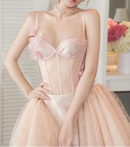 New Homecoming Dress Spaghetti Strap Flower Tulle Back to School Outfits Party Dress D6866