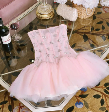 New Homecoming Dress Strapless Rinestone Tulle Back to School Outfits Party Dress D6869