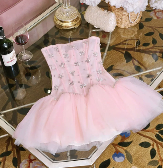 New Homecoming Dress Strapless Rinestone Tulle Back to School Outfits Party Dress D6869