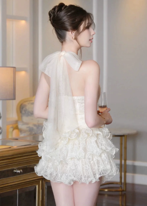 New Homecoming Dress Halter Tulle Cascade Back to School Outfits Party Dress D6863