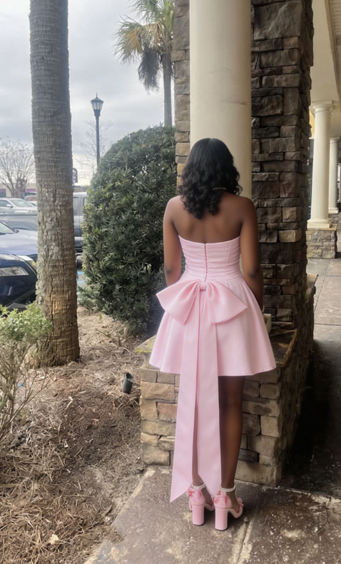 New Homecoming Dress Strapless Pleated Bowknot Back to School Outfits Party Dress D6888
