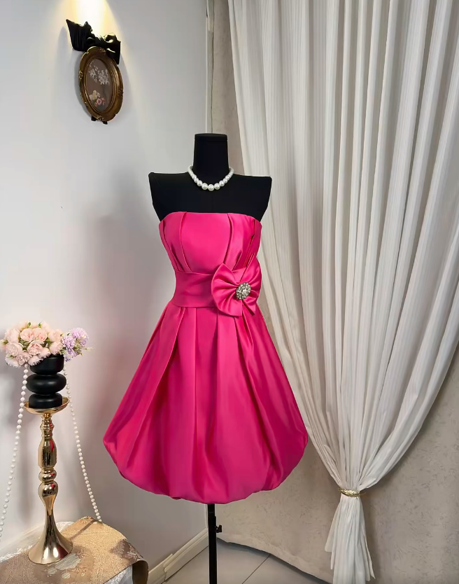 New Homecoming Dress Strapless Rinestone Bowknot Pleated Back to School Outfits Party Dress D6900