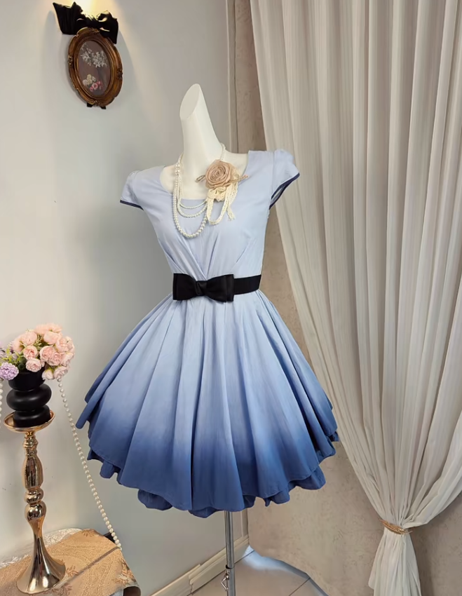 New Homecoming Dress Jewel Bowknot Pleated Back to School Outfits Party Dress D6901