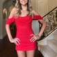 New Homecoming Dress Off the Shoulder Pleated Back to School Outfits Party Dress D6927