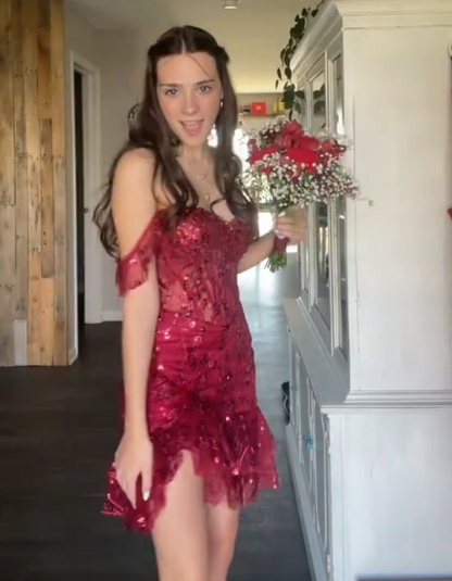Pretty Homecoming Dress Off the Shoulder Sequins Tulle Back to School Outfits Party Dress D6716
