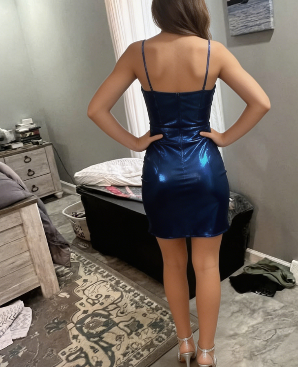 Pretty Homecoming Dress Spaghetti Strap Hugging Pleated Back to School Outfits Party Dress D6714