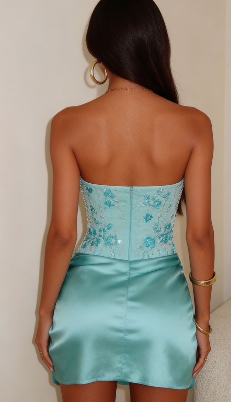 Pretty Homecoming Dress Strapless Hugging Embroidery Pleated Back to School Outfits Party Dress D6715