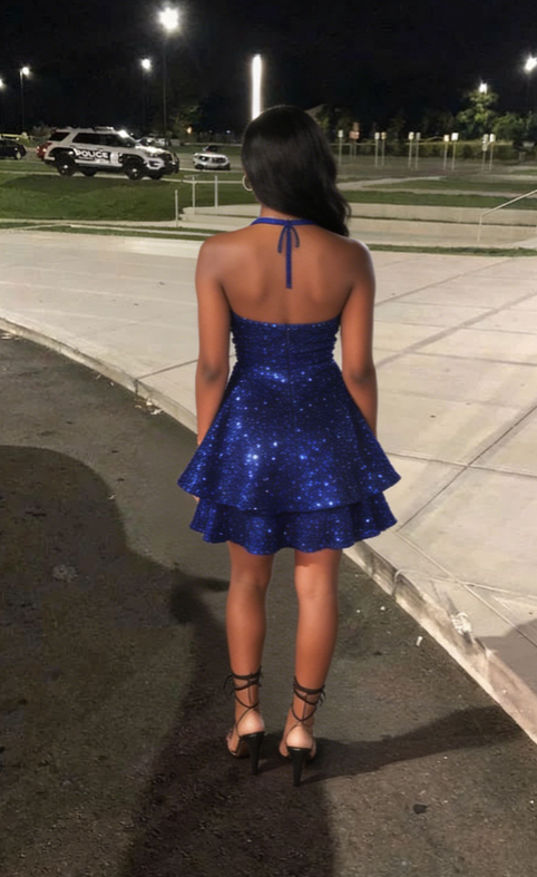 Pretty Homecoming Dress Halter Sequins Cascade Back to School Outfits Party Dress D6717