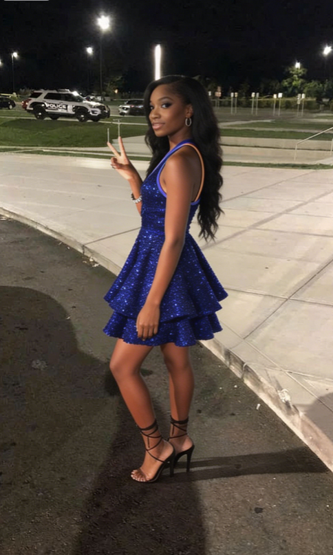 Pretty Homecoming Dress Halter Sequins Cascade Back to School Outfits Party Dress D6717