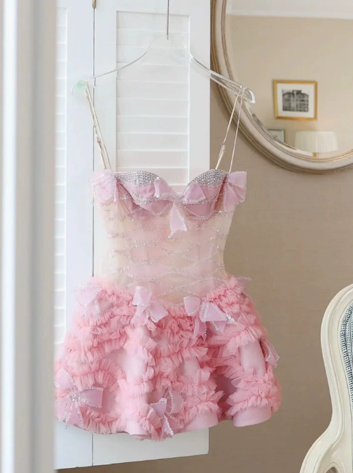 Pretty Homecoming Dress Sweetheart Bowknot Tulle Rinestone Back to School Outfits Party Dress D6718