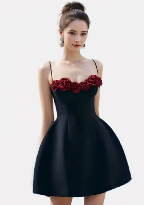 Pretty Homecoming Dress Spaghetti Strap Flower Back to School Outfits Party Dress D6720