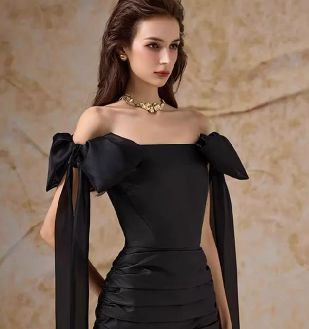 Pretty Homecoming Dress Off the Shoulder Pleated Bowknot Back to School Outfits Party Dress D6724