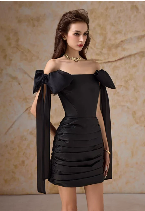 Pretty Homecoming Dress Off the Shoulder Pleated Bowknot Back to School Outfits Party Dress D6724