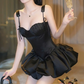 Pretty Homecoming Dress Spaghetti Strap Black Pleated Back to School Outfits Party Dress D6725
