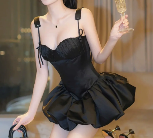 Pretty Homecoming Dress Spaghetti Strap Black Pleated Back to School Outfits Party Dress D6725
