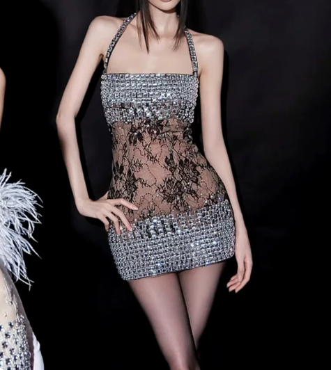 Pretty Homecoming Dress Halter Rinestone Lace Back to School Outfits Party Dress D6727