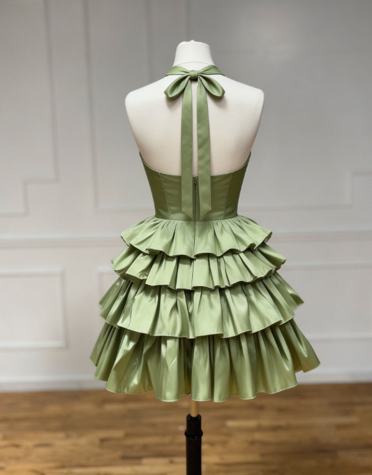 Beauty Homecoming Dress Halter Bowknot Cascade Back to School Outfits Party Dress D7036