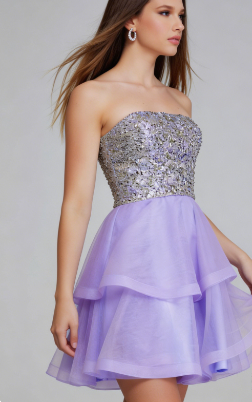 Beauty Homecoming Dress Strapless Tulle Sequins Cascade Back to School Outfits Party Dress D7049