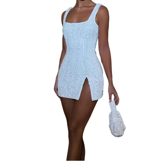 Beauty Homecoming Dress Square Sequins Slit Back to School Outfits Party Dress D6761