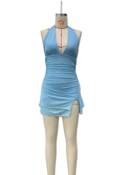 Beauty Homecoming Dress Halter Pleated Slit Back to School Outfits Party Dress D6765