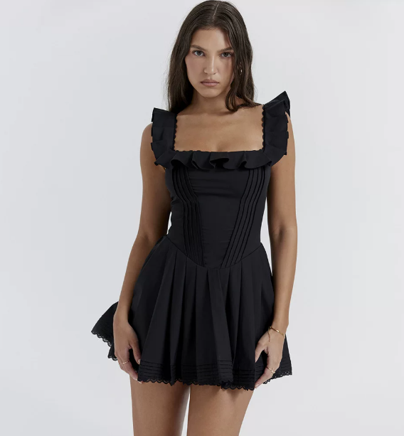Beauty Homecoming Dress Square Pleated Black Back to School Outfits Party Dress D7095